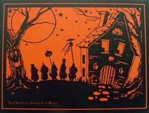 black and orange vintage halloween postcard with trick or treater silouettes outside a spooky house