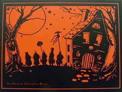 black and orange vintage halloween postcard with trick or treater silouettes outside a spooky house.