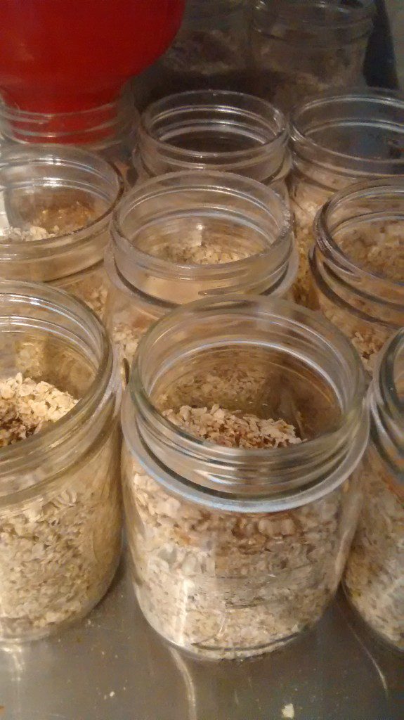 pint mason jars filled with instant oatmeal ingredients