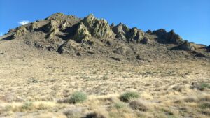 A craggy desert rock formation silhouetted against a clear blue sky with scrubby foliage in the foreground.