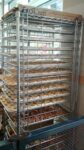 a speed rack in a bakery filled with baked goods