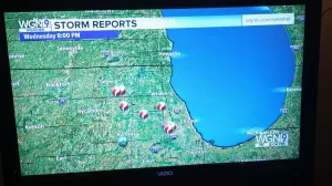 WGN weather news map of the Chicagoland region, with red icons for tornado sightings on the map... a good reason to have emergency bags packed!