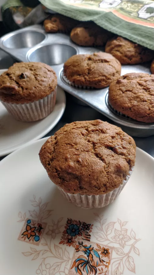 freshly baked date walnut muffins with whole wheat on a vintage plate with a rooster decal in front of a pan full of muffins covered with a printed tea towel