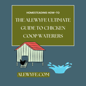 title page for article. A graphic of a chicken coop with white siding and a red roof, with a chicken walking down a ramp towards a graphic of a blue splash image. Text reads, "HOMESTEADING HOW-TO The Alewyfe Ultimate Guide to Chicken Coop Waterers alewyfe.com"