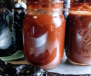 jars of pressure canned enchilada roja sauce and some of the dried peppers used to make the sauce