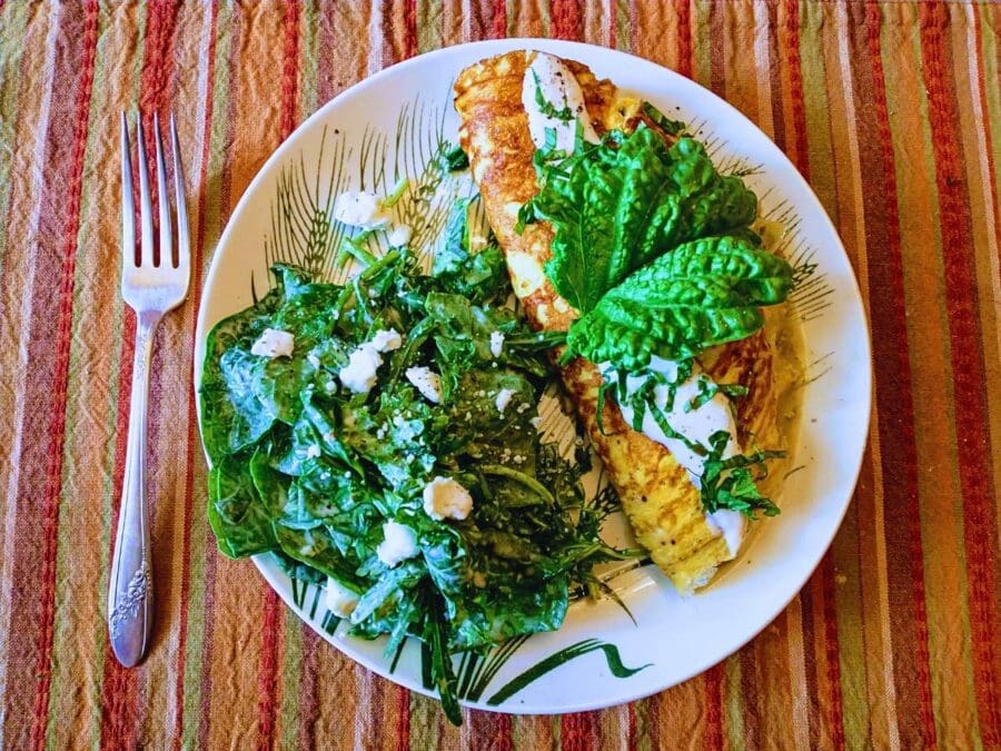 a plate with a large green salad and an omelette garnished with lettuce leaf basil