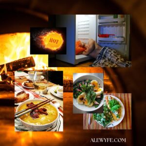 collage of food photos from the post on a background of a flaming brick oven