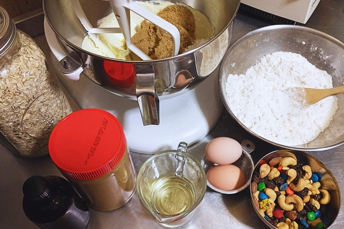 mise en place photo of ingredients for peanut butter oatmeal trail mix cookies.