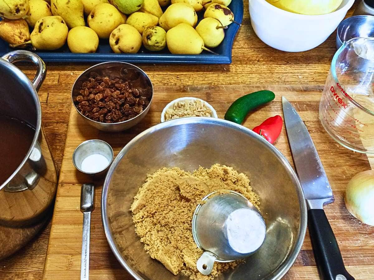 mise en place ingredients for canning spiced pear chutney