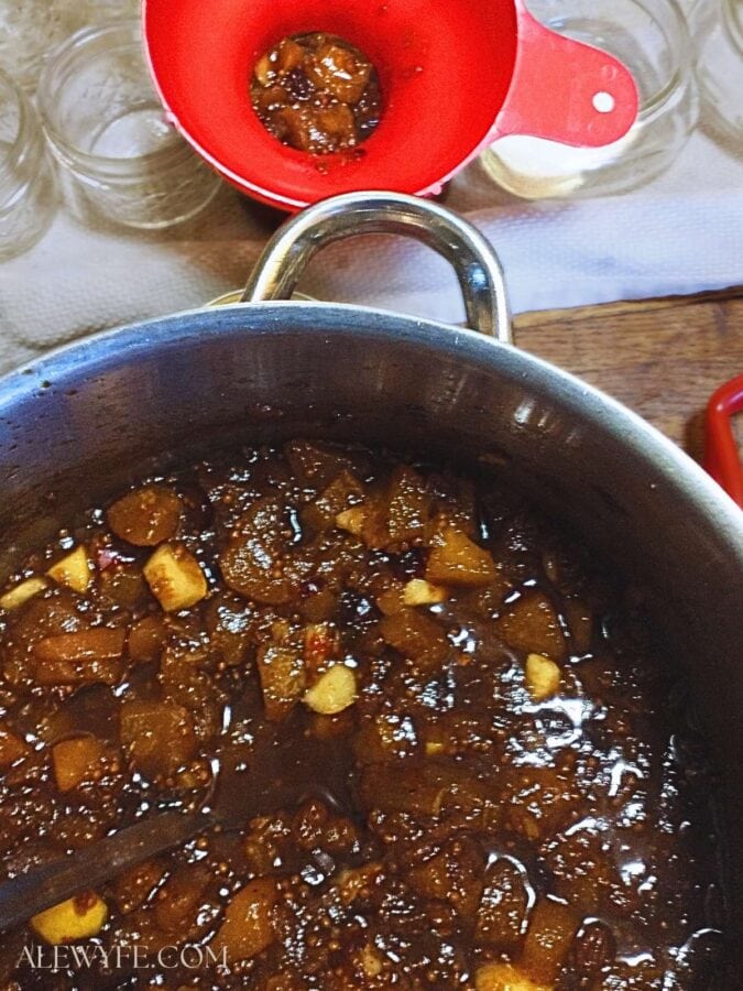 a pot of finished chutney being ladled into canning jars