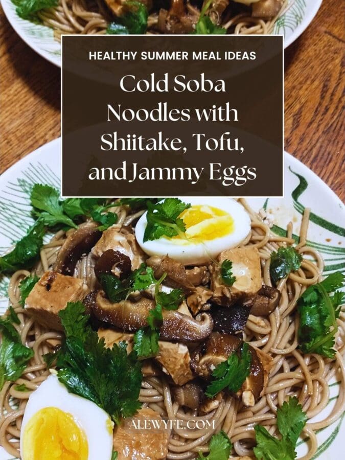 title image of two bowls of noodles with toppings garnished with bright green cilantro leaves. text reads, "healthy summer meal ideas cold soba noodles with shitake, tofu, and jammy eggs alewyfe.com"