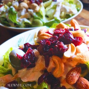 Closely cropped side view photo of two bowls of cranberry cashew & castelvetrano chicken salad topped liberally with dried cranberries, mixed nuts, bright green olives, and thin creamy dressing (alewyfe.com watermark in bottom corner of photo)