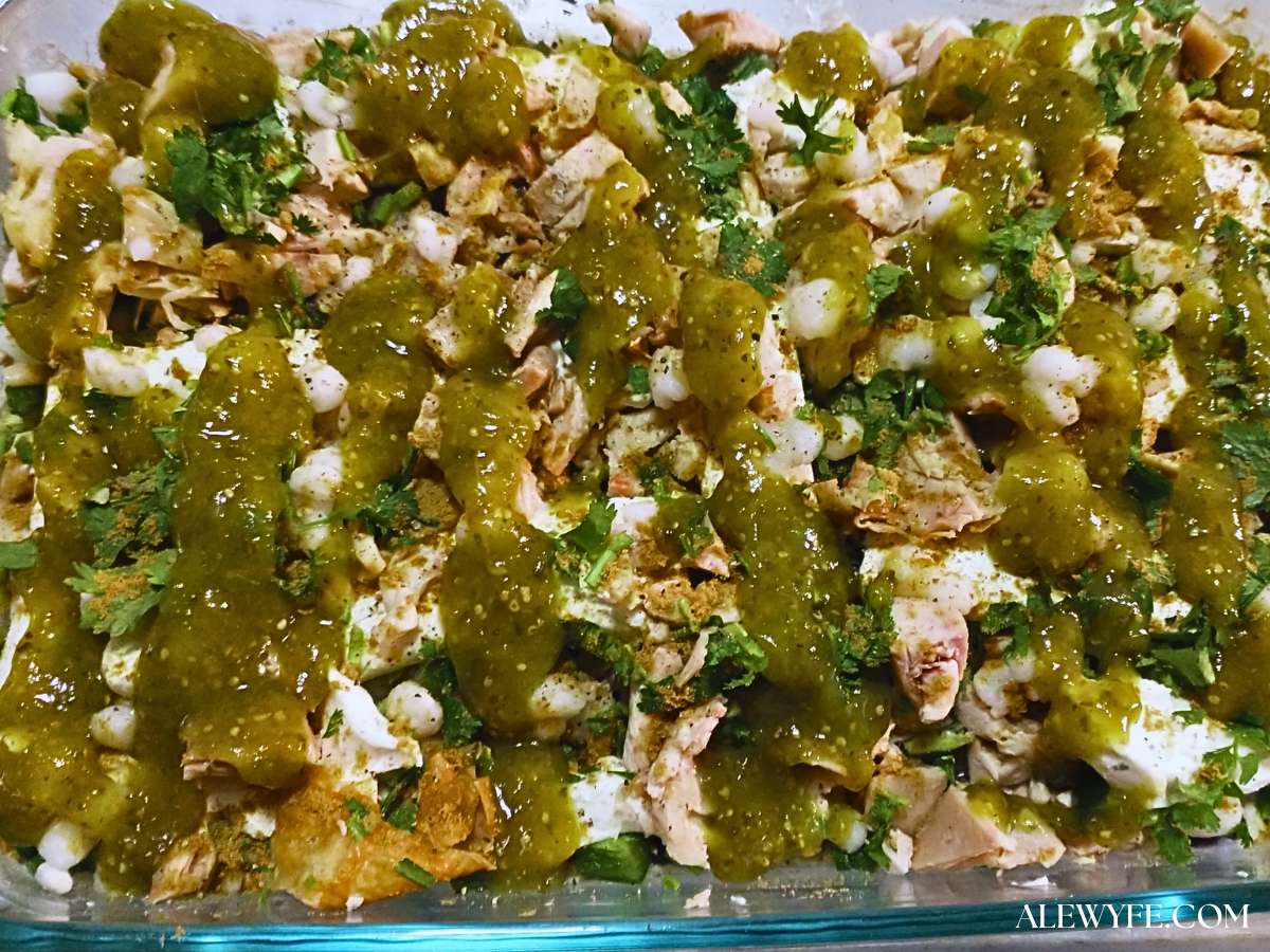 chicken tamale pie with all the filling ingredients waiting on a top crust