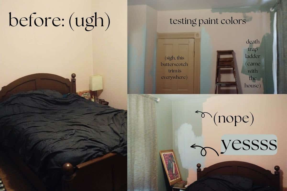 before photo collage of pinkish beige walls and partially painted test swatches of green and robin's egg blue in what is now the enchanted forest bedroom
