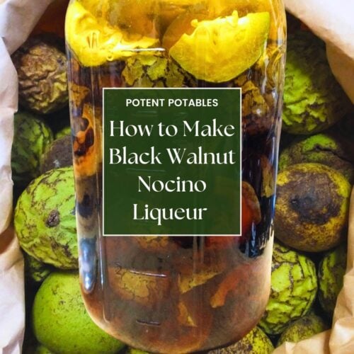 Title image for post... a jar of sliced green walnuts infusing in alcohol over a background of a bag of unripe black walnuts. text reads: potent potables, how to make black walnut nocino liqueur. alewyfe.com)