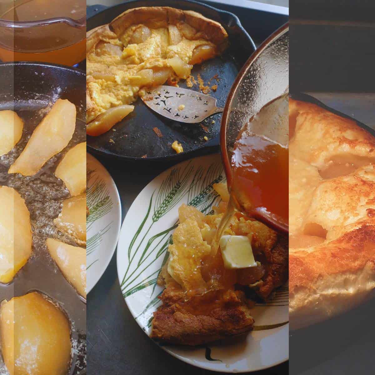photo montage of baked pear dutch baby with buttered pear syrup