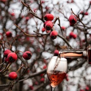 winter bare twigs with hawthorn fruits in the background, with a glass of hedgerow hawthorn wine being poured.