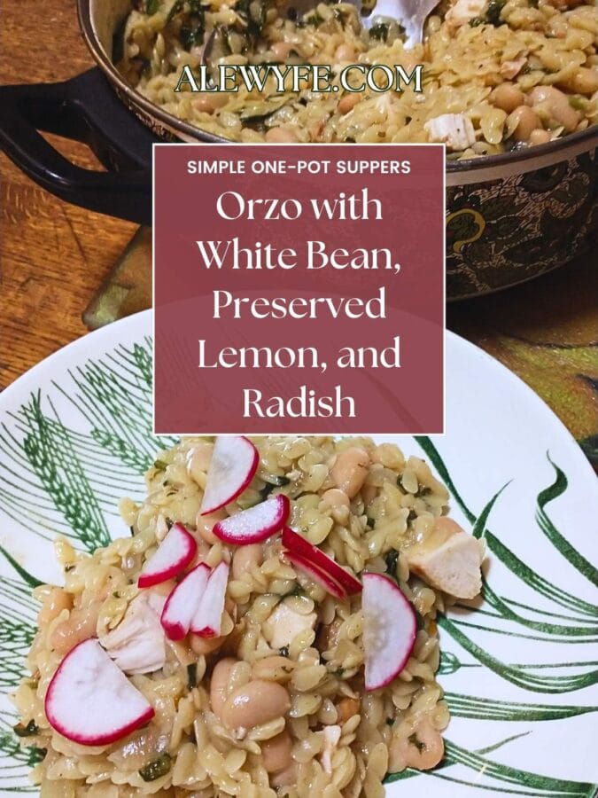 title image for text reads, "simple one-pot suppers" orzo with white bean, preserved lemon, and radish alewyfe.com" above a bowl of orzo, topped with brightly colored chopped radish, next to a pot of cooked orzo