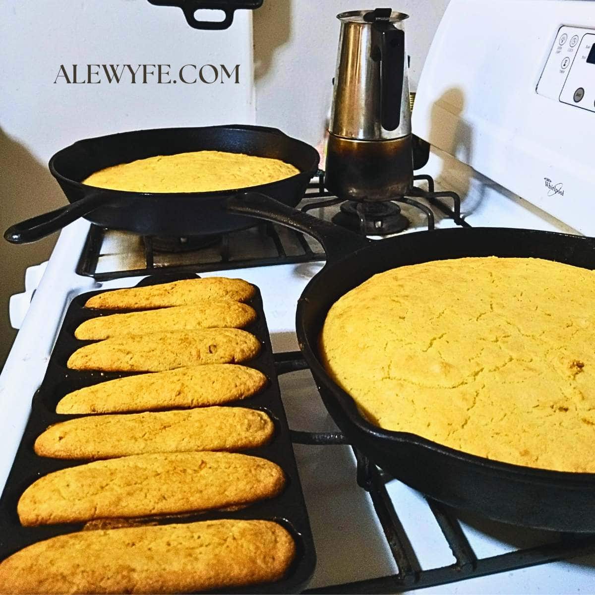 two batches of southern skillet cornbread recipe, baked in two cast iron skillets and a corn stick pan. They sit on a white stove with a moka coffee pot.