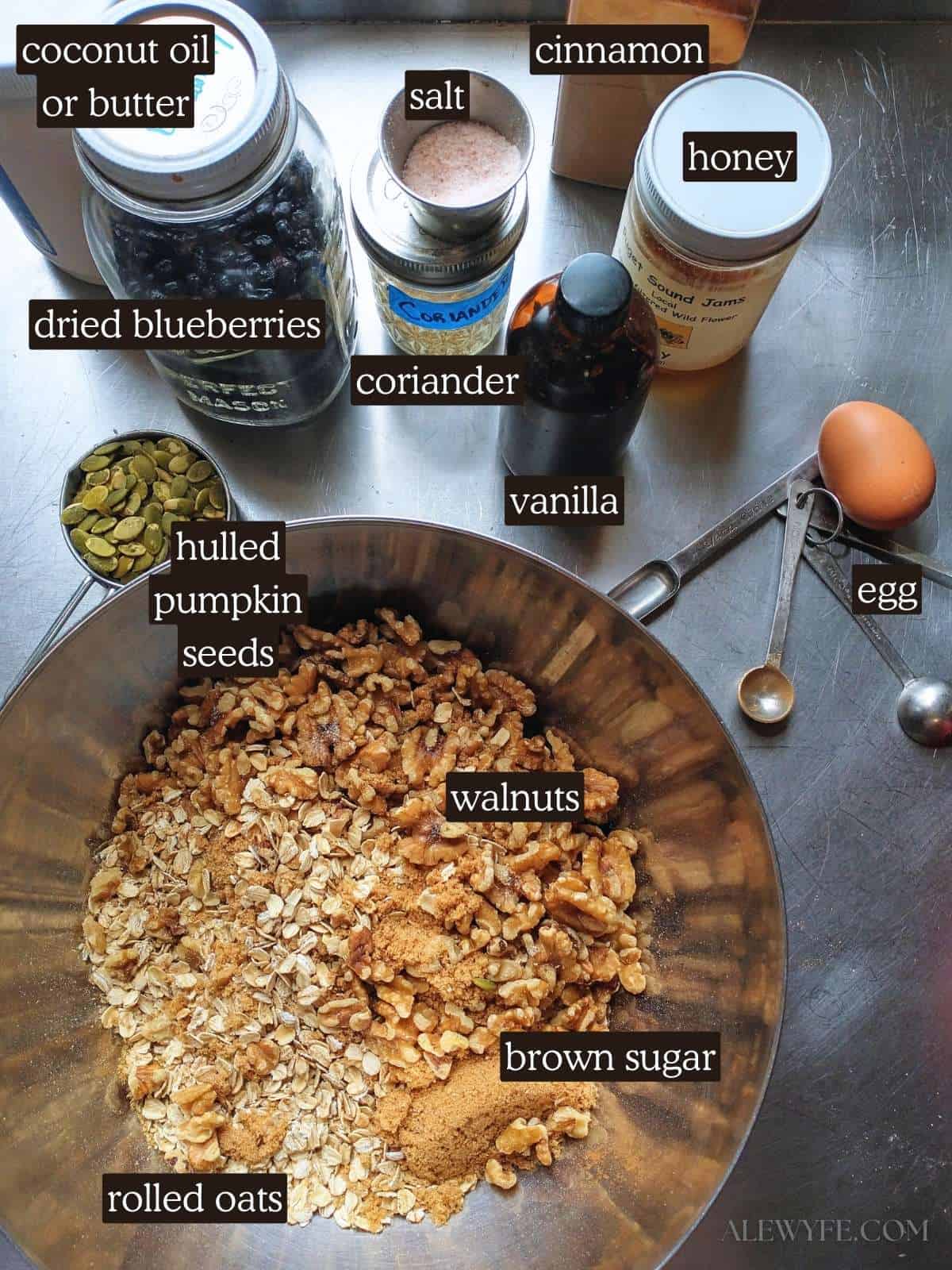 labeled photo of blueberry nut granola ingredients