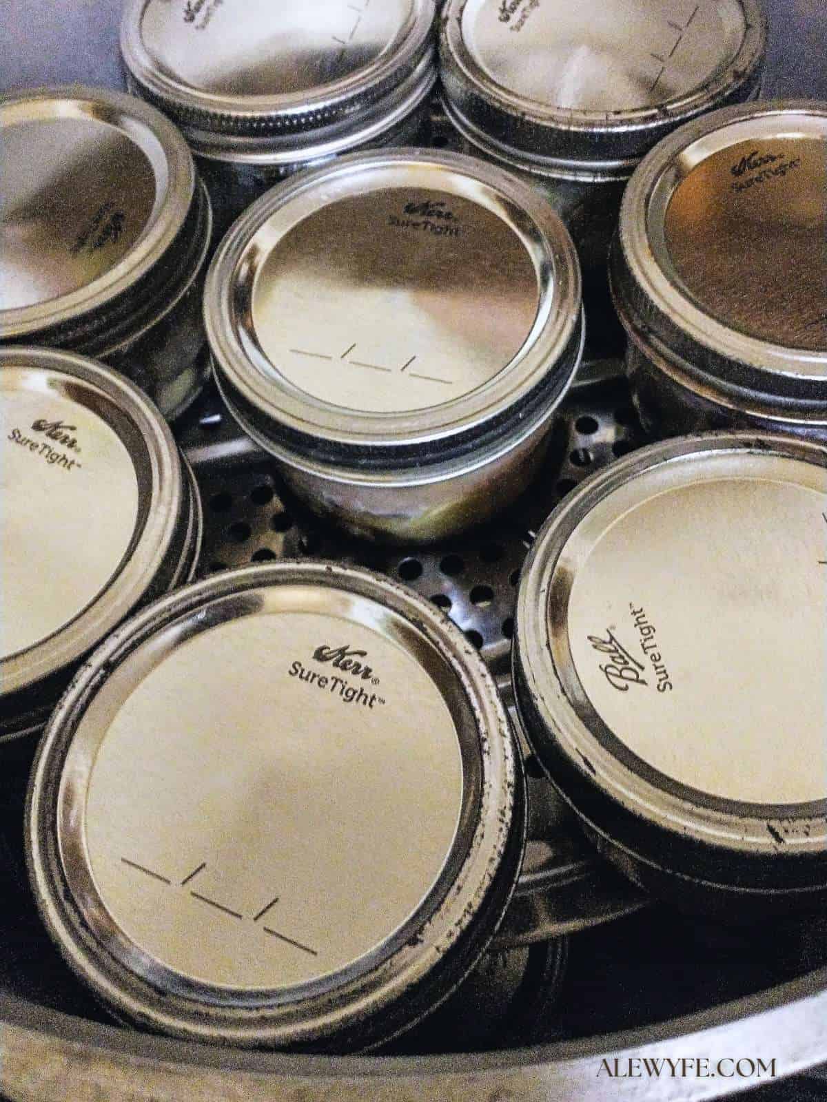 jars of fresh fish stacked in a pressure canner ready to be processed for home canning