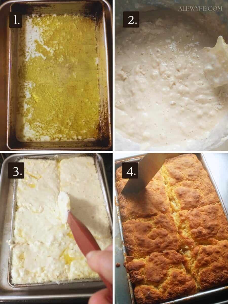 numbered step by step photo grid. Melted butter in a pan, a bowl of biscuit batter, tracing a line through the pan of biscuit batter, and again with a metal spatula dividing the baked biscuits. 