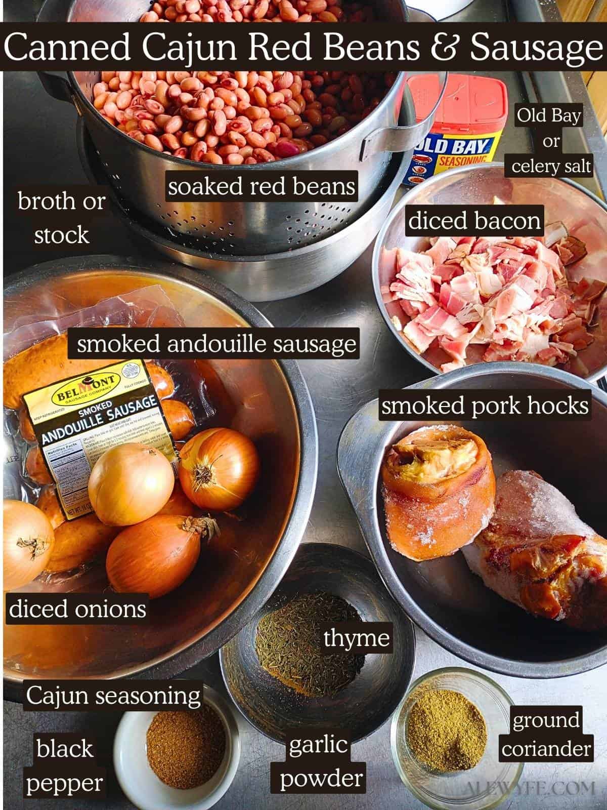 photo of recipe ingredients laid out on a stainless table. title text reads, "canned cajun red beans & sausage" with ingredient tags on photo.