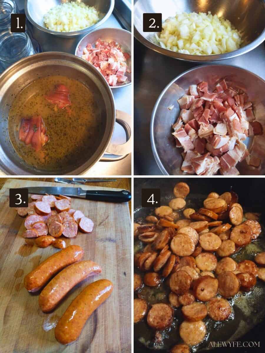 numbered grid of four photos. a pot of ham hocks in broth, diced onions and bacon, cutting andouille sausage into coin-shaped slices, sauteing sausage in bacon fat.