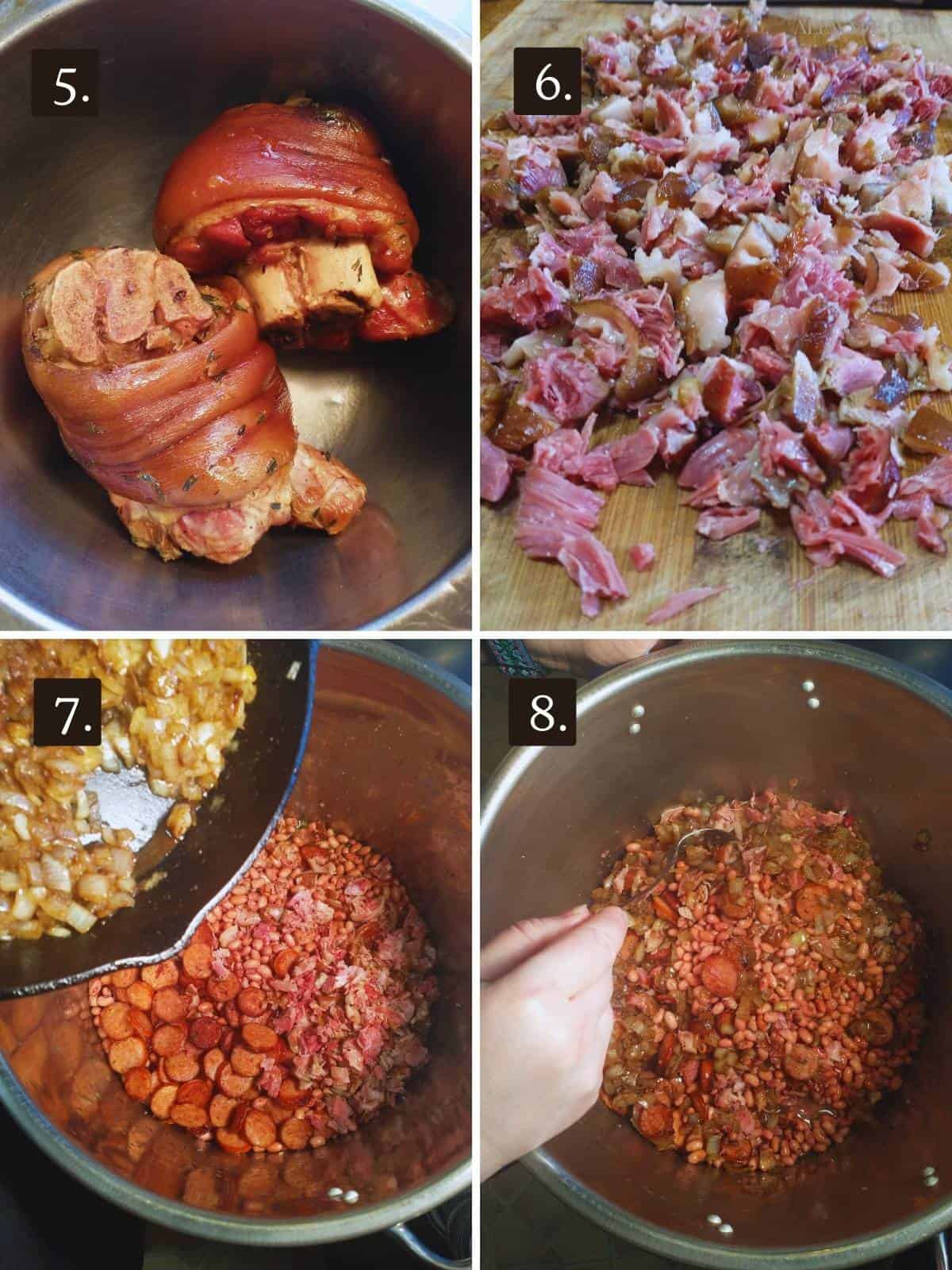 grid of four photos numbered 5-8. Cooked ham hocks cooling in a bowl, diced ham hock meat and rind on a cutting board, adding sauteed onions to a pot with soaked beans, sausage, ham hock meat, and bacon, and stirring the pot to mix while heating it to a boil.