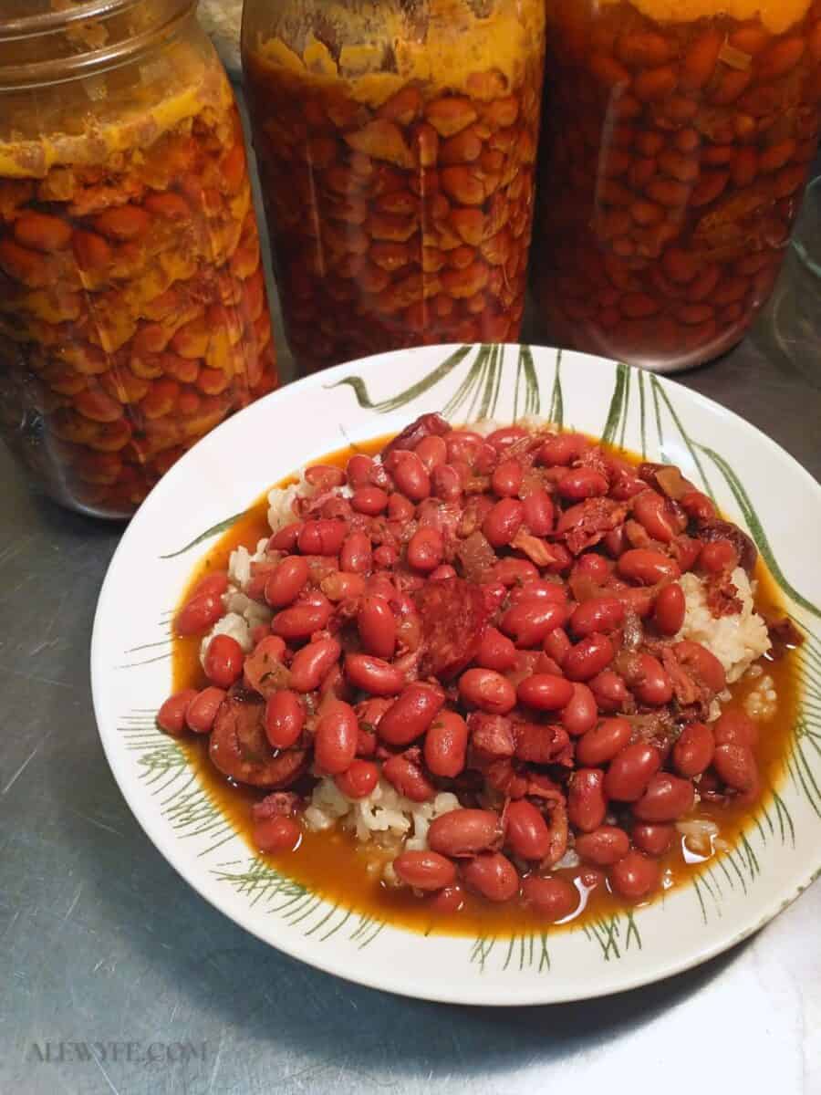 a bowl of red beans and sausage served on brown rice. Three jars of canned Cajun red beans are in the background.
