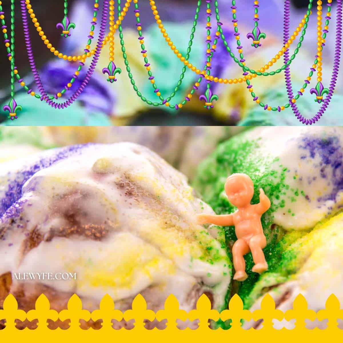 a ring-shaped king cake decorated with yellow, purple, and gold icing and colored sugar. Cartoon text says, "king cake" with a fleur-de-lis, and a banner of mardi gras beads hangs from the top of the image.