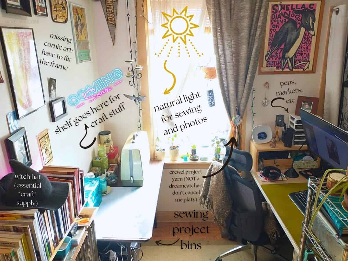 labeled photo of rearranged craft room with lots of natural light, and arrows indicating the new shelf location and craft supply storage