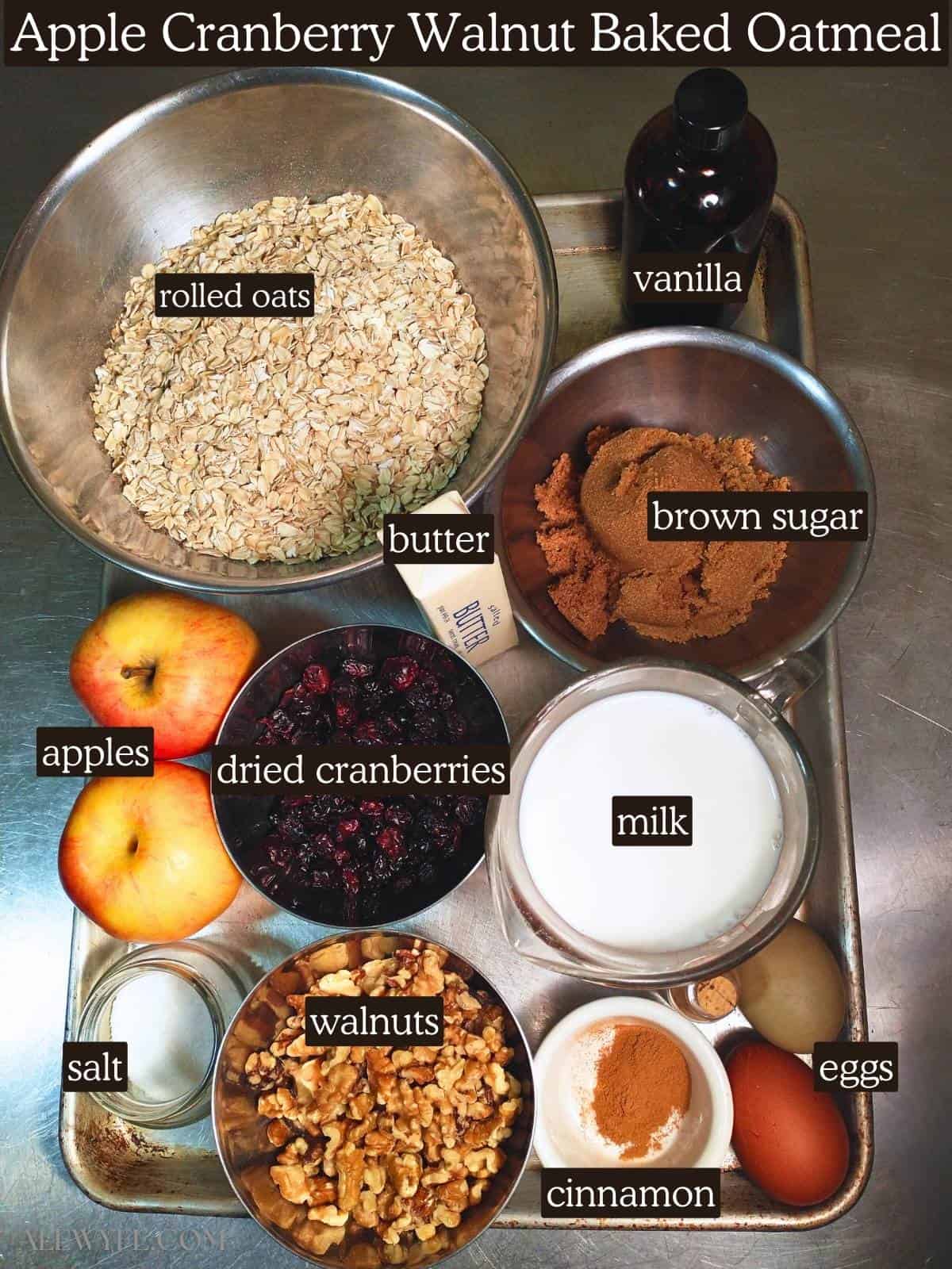 bowls of measured ingredients with labels for apple cranberry walnut baked oatmeal.