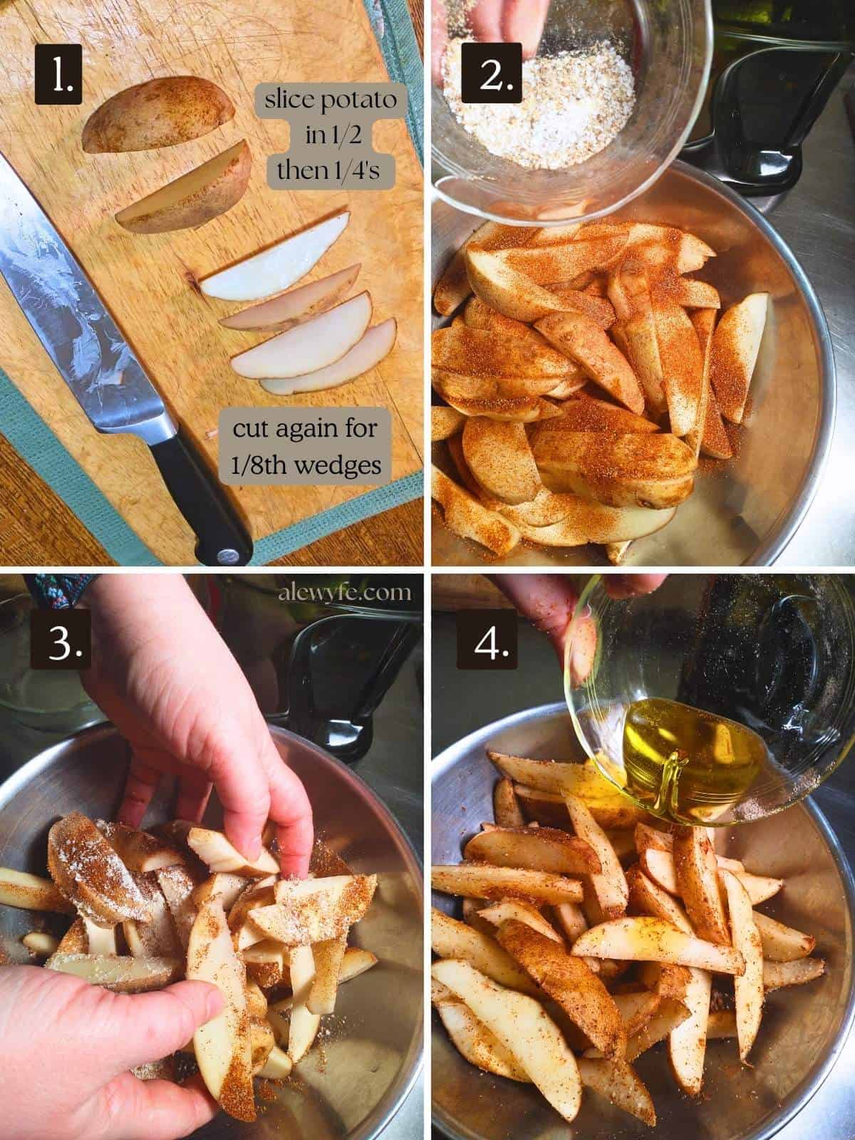 slicing, seasoning, and oiling the crispy potato wedges. 