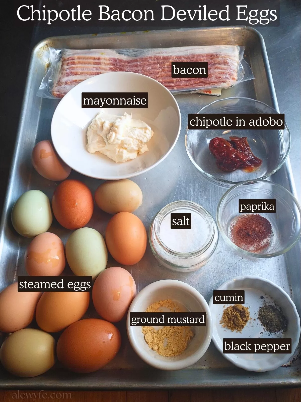 labeled ingredient photo for chipotle bacon deviled eggs.