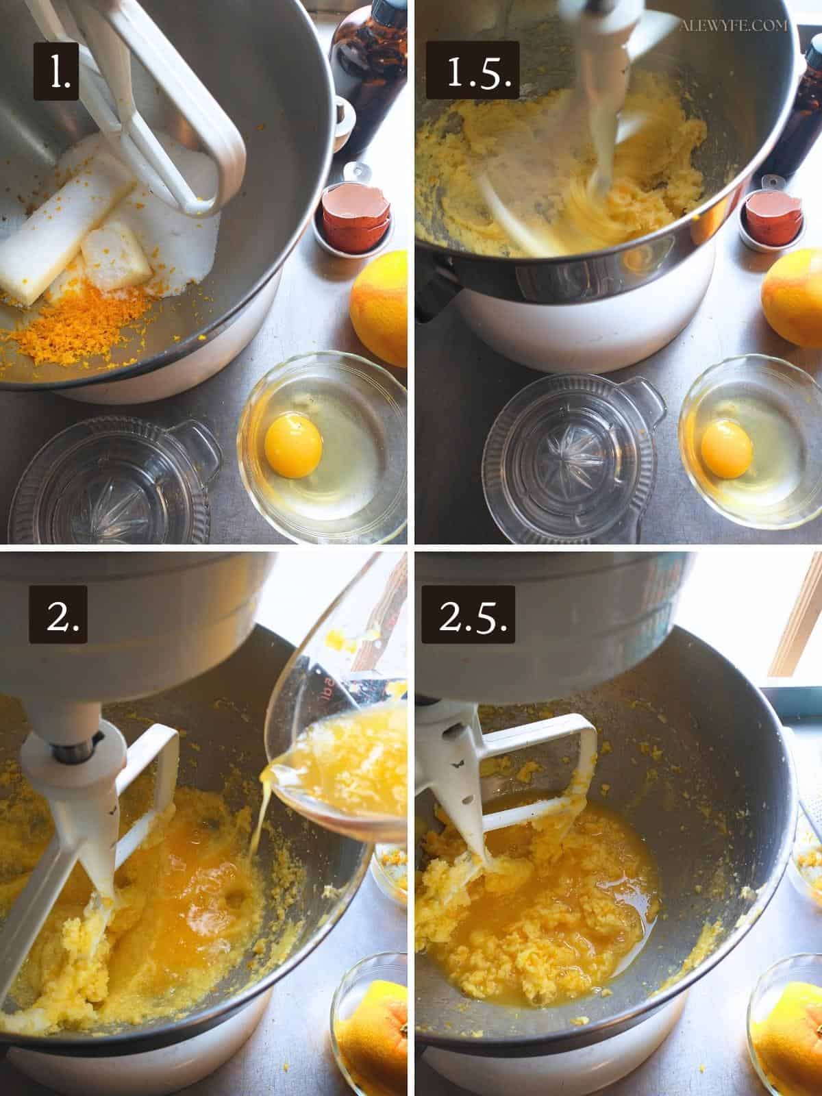 photo grid of mixing wet ingredients for creamsicle cookie dough.