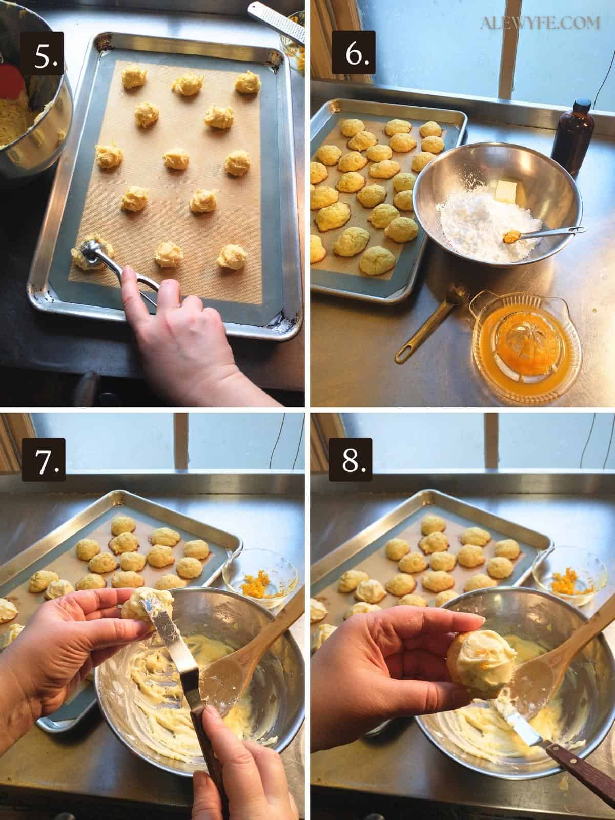 photo grid of scooping and baking creamsicle cookies, then making the frosting, then icing and garnishing the cookies. 
