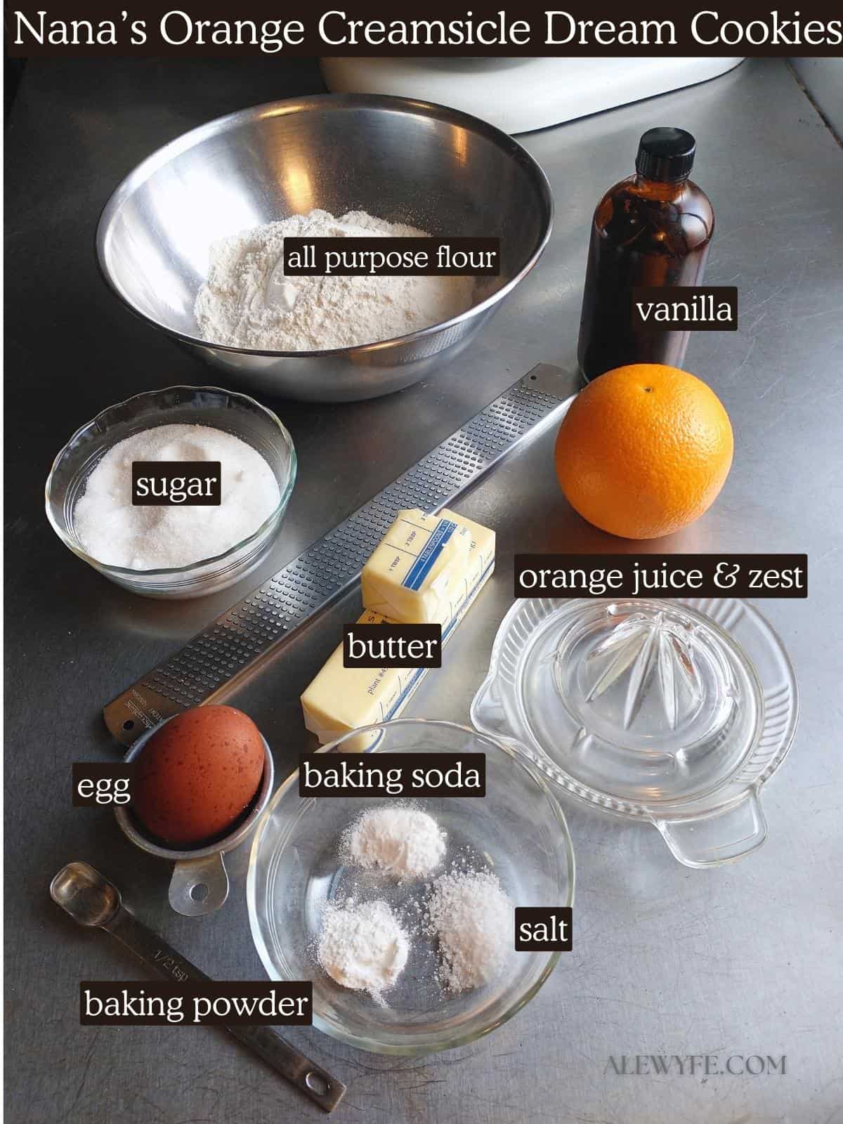 orange creamsicle cookie ingredients with labels.