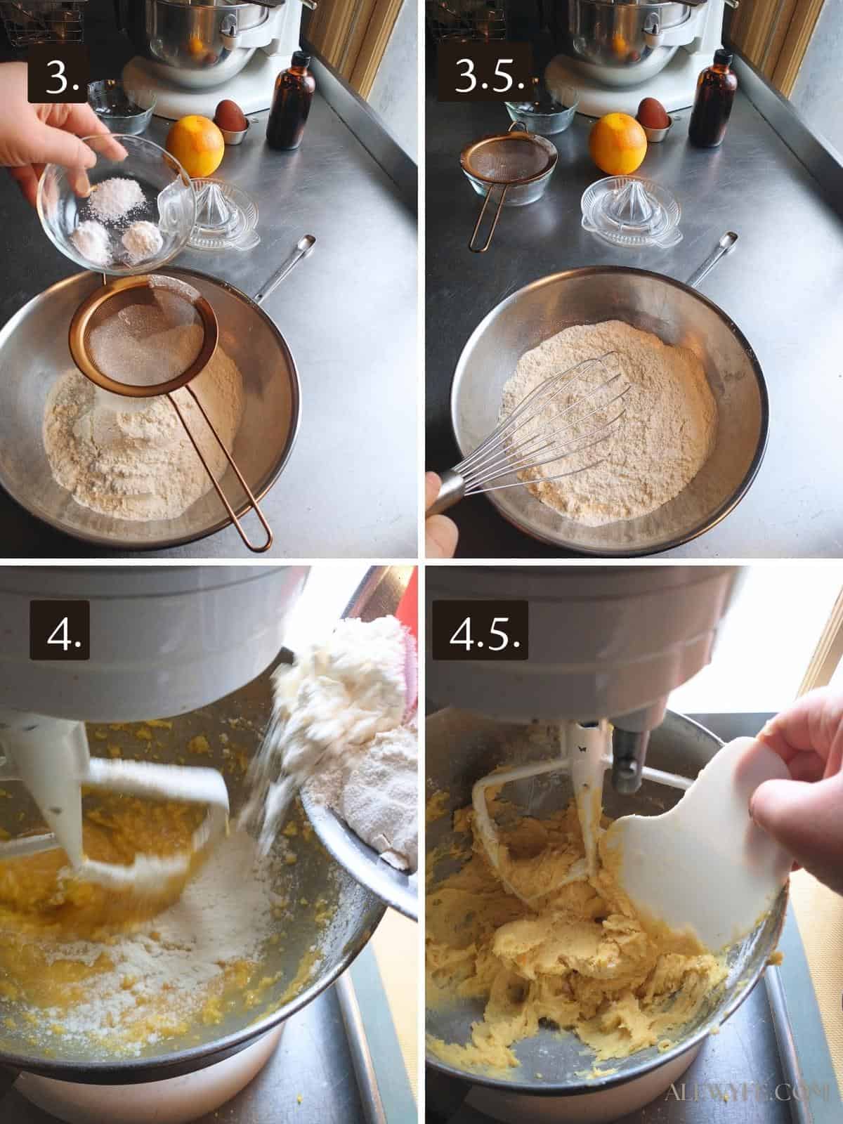 photo grid of mixing dry ingredients and combining the creamsicle cookie batter.