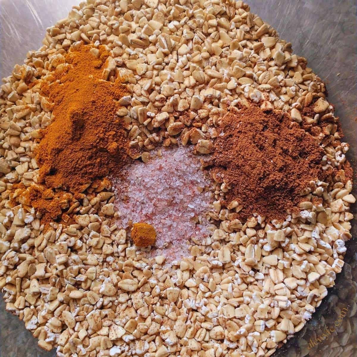 a bowl with uncooked steel cut oats, pink salt, and spices.
