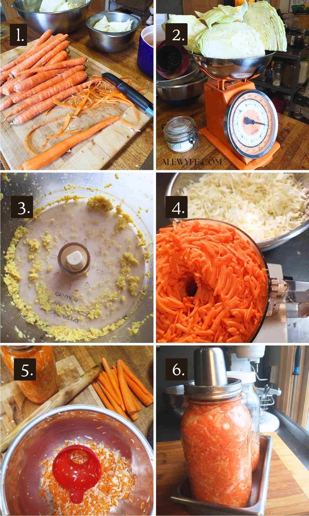 photo montage of steps to make lacto-fermented ginger carrot slaw, from weighing, prepping, and jarring the vegetable mixture. 