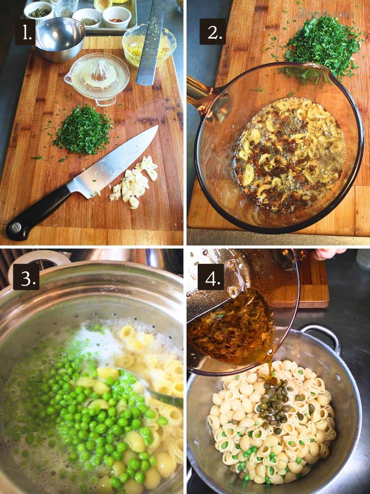 step by step photo grid for spicy tuna pasta recipe.
