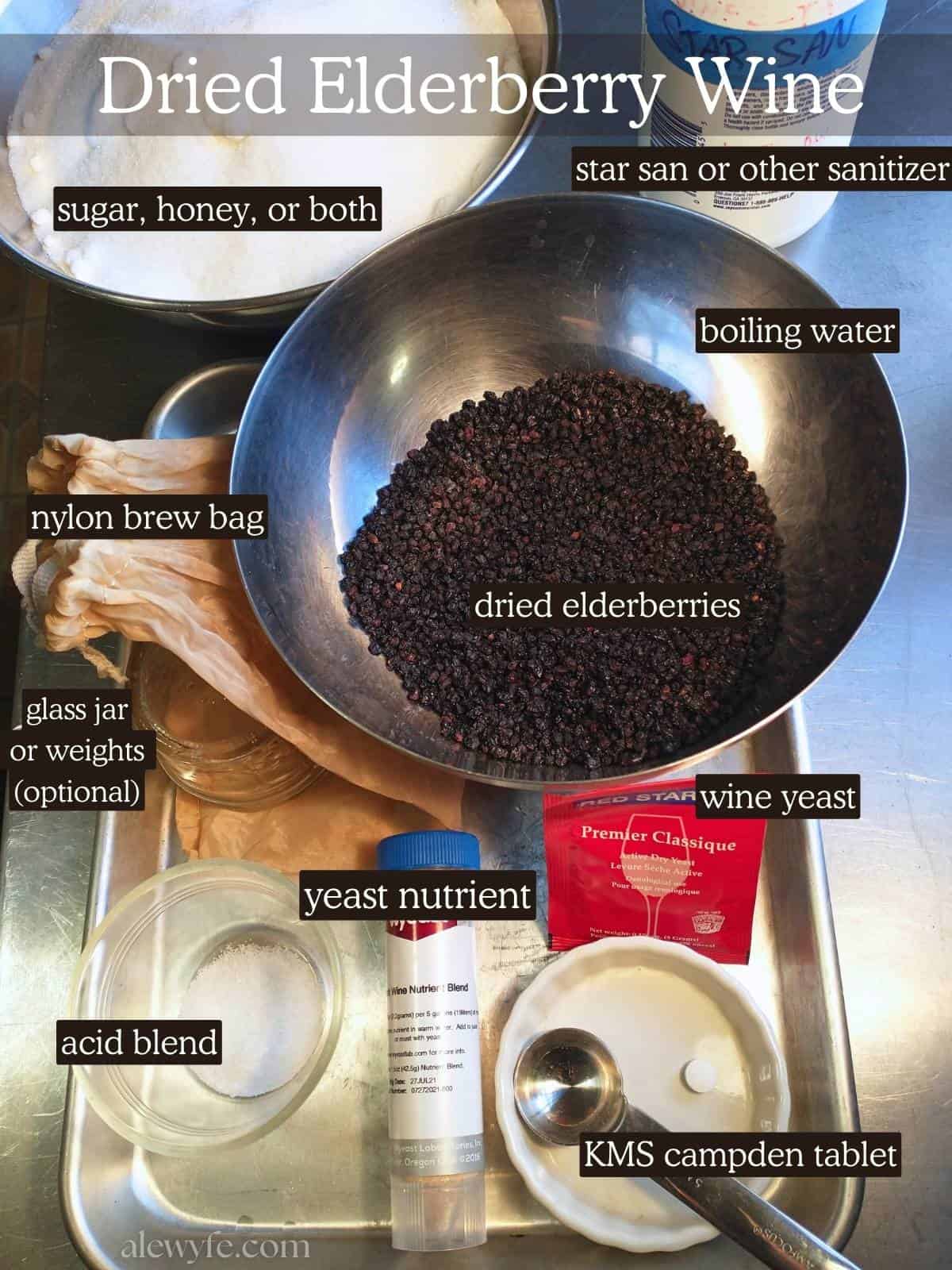 labeled photo of ingredients needed to make dried elderberry wine.
