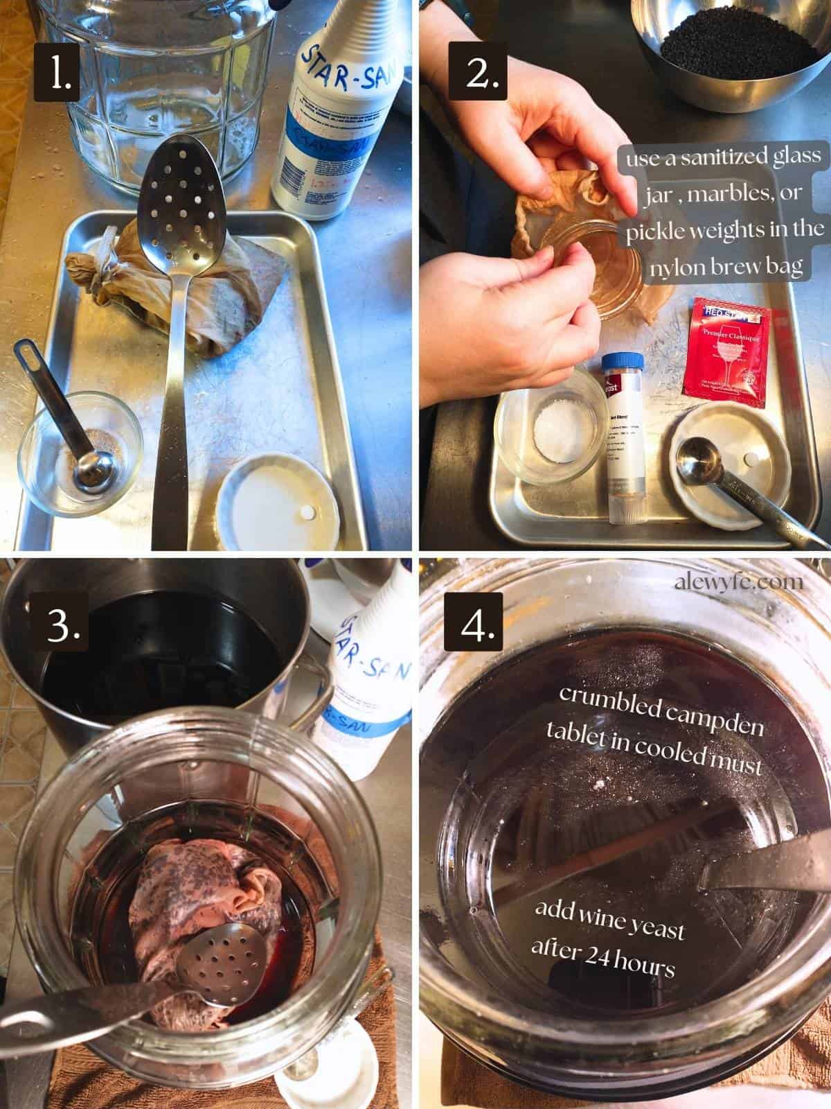 photo grid with first four steps of the dried elderberry wine recipe, showing equipment being prepared and the wine must being brewed.