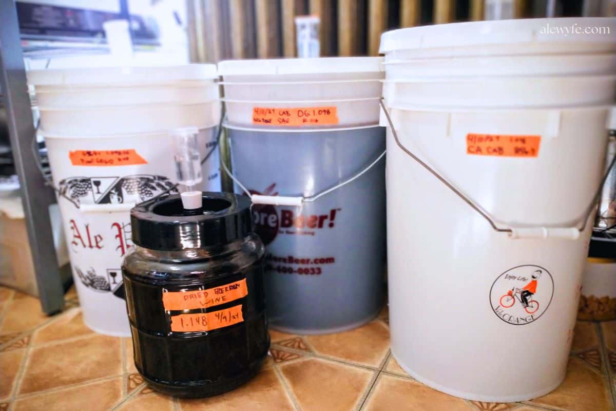 three buckets with fermenting grape wine kits and a small glass fermenter with dried elderberry wine, in a warm spot near a radiator and oven to keep them warm.