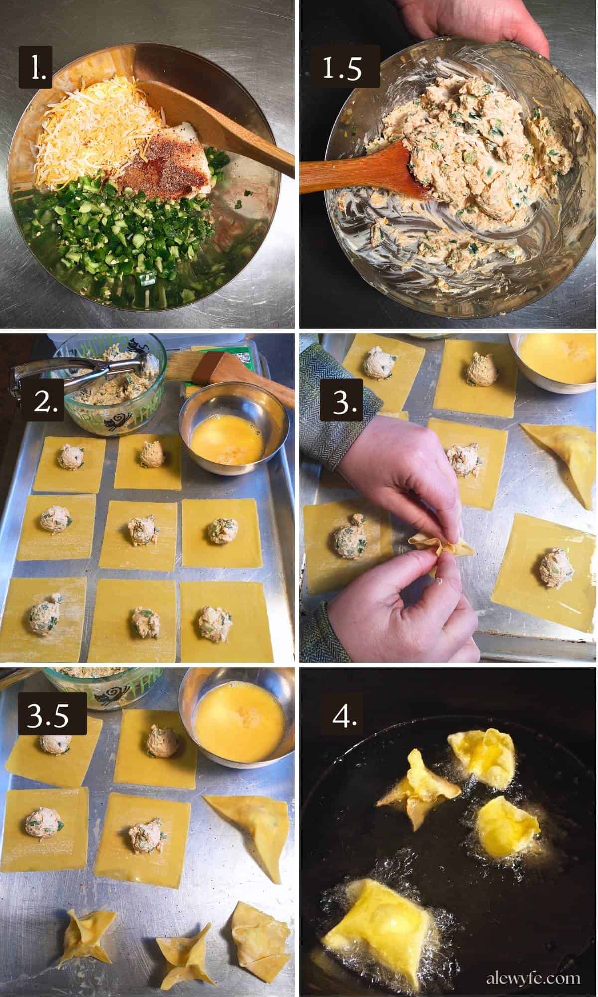 step by step grid of 6 photos illustrating how to fill, assemble, and fry the jalapeno popper wontons.