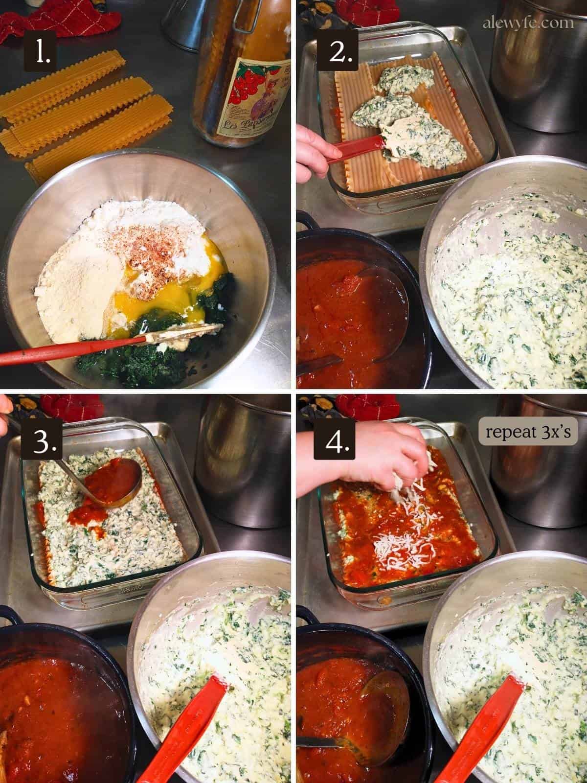 first four steps for mixing the spinach filling and assembling the spinach lasagna. 