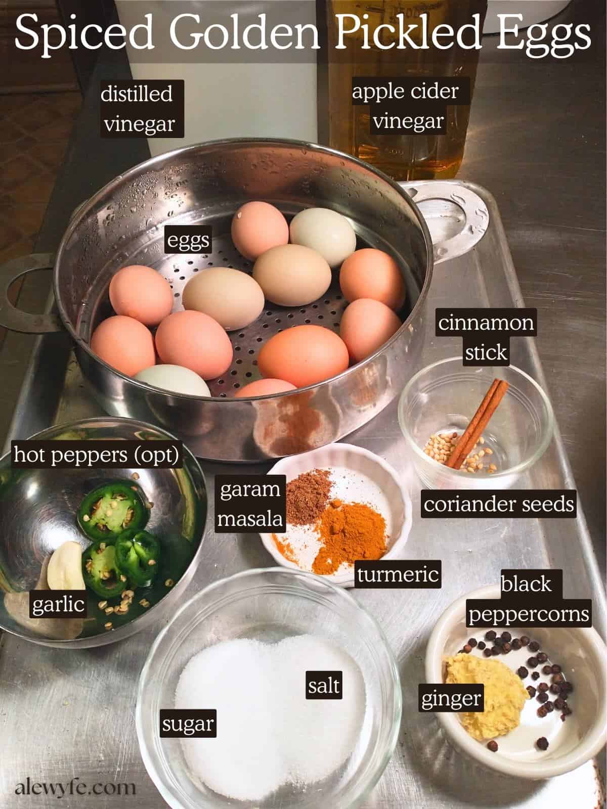 labeled ingredient photo for spiced golden pickled eggs.