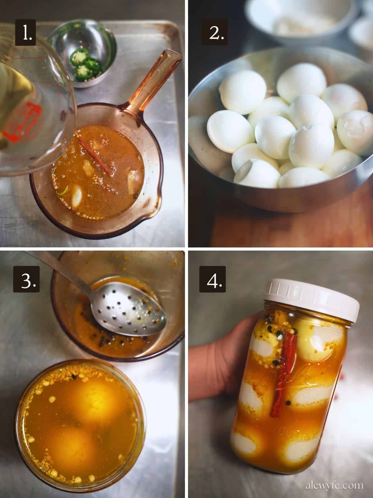 step by step photos of making spiced golden pickled egg brine and peeling & pickling the eggs.