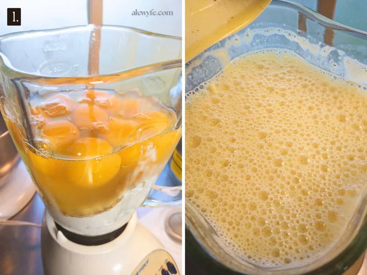 two photos of a blender, first with eggs, cottage cheese and seasonings, next with the ingredients all blended and frothy.